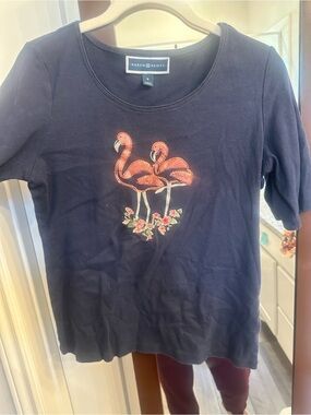 Karen Scott Navy Tee with Sequin Pink Flamingos